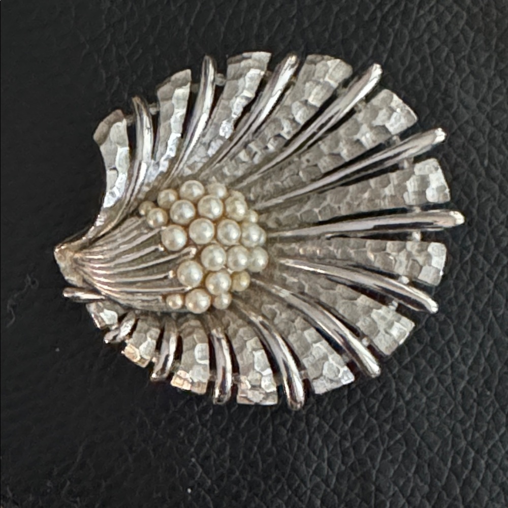 Vintage Marcel Boucher Fanned Shell Flower Brooch w Faux Pearls